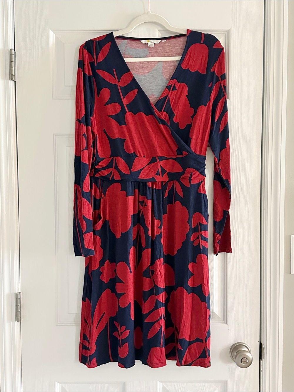Boden Navy Wrap Dress with Red Floral Print